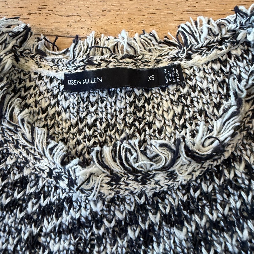 Karen Millen Black White Fringed Tweed Knit Sweater KZ043 XS Crew Neck (1332)